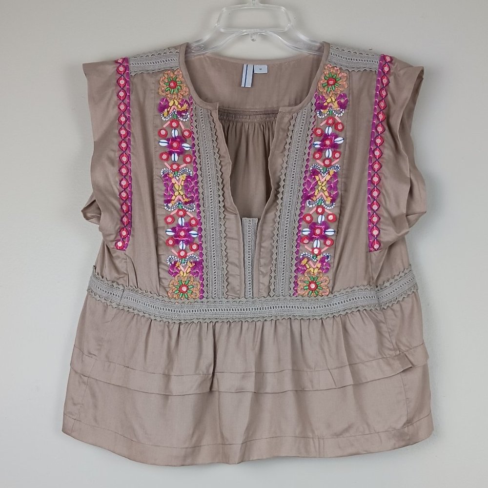 BLANK LONDON| Anthropologie Bohemian Embroidered Beaded Laced Tank Top Sz Medium